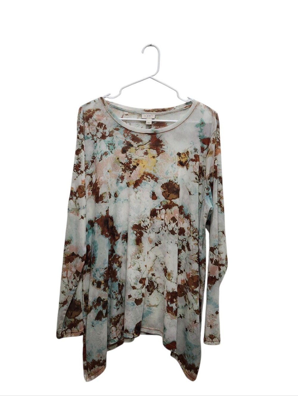 LOGO Layer Lori Goldstein Green Brown Abstract Print Sheer Mesh Top Womens Sz XL